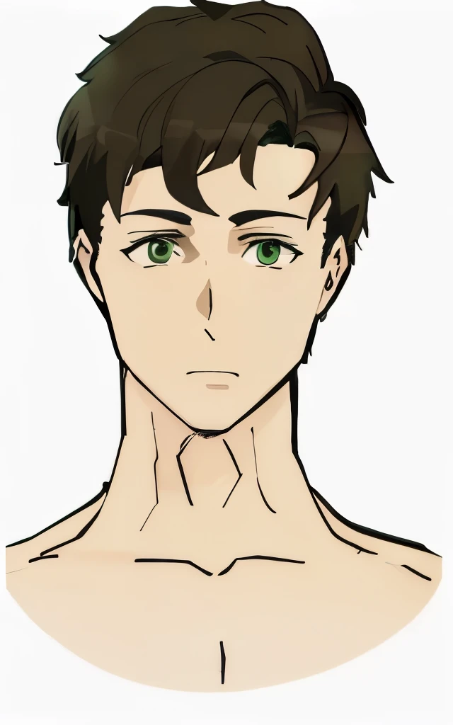 a drawing of a man with green eyes and short brown hair, anime handsome man, muscular, 18 years old, male anime character, tall anime guy with green eyes, anime portrait of a handsome man, detailed anime soft face, halfbody headshot, halfbody portrait, vec...