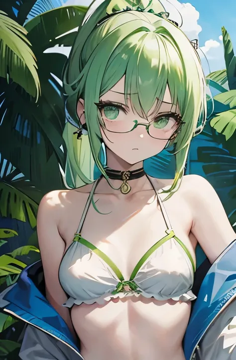 light green middle hair、wearing glasses、pale green eyes、ponytail、small breasts、swimsuit、ear cuffs、off shoulder bikini、whole body、embarrassed look