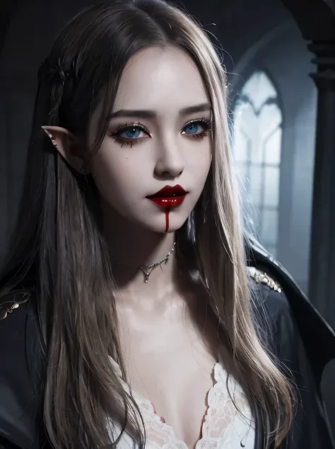 ((masterpiece、highest quality、Super detailed、High resolution、photorealistic、realistic、sharp focus、cinematic lighting))、Portrait of a female elf standing inside a castle、3/5 shot、focus from the chest up、high contrast、low brightness、Exquisite beautiful femal...