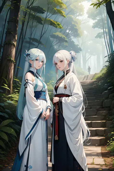 Two women with blue hair and white shirts standing in the forest, flowing hair and gown, from Arknights, White-haired God, anime long hair girl, demon slayer: Rui Fan Art, palace ， girl wearing hanfu, Inspired by Ma Yuanyu, author：Yang Jie, inspired by Gua...