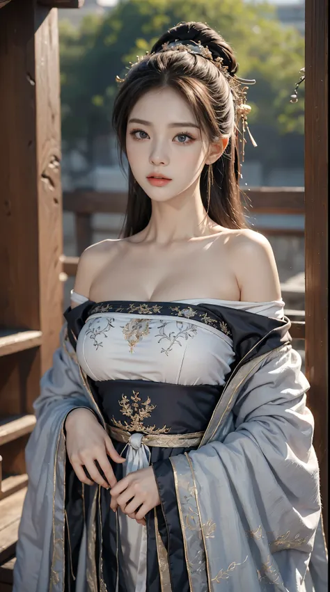 ((Best quality at best, 8K, tmasterpiece:1.3)), focal:1.2,Bust photo,Upper limb 4,ancient wind,Red off-shoulder Hanfu,Ultra-realistic skin texture,Beautiful woman with perfect figure:1.4, hip is cocked:1.2, ((Cut your hair into layers, ordinary:1.2)), , (S...