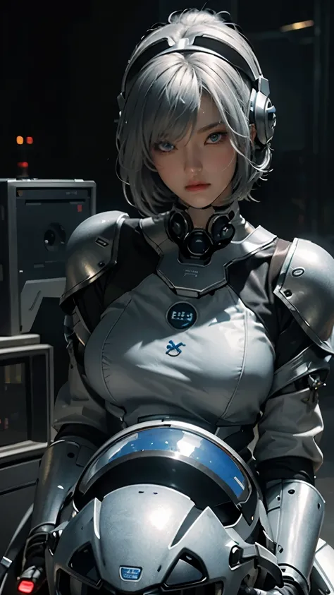 Highest image quality, outstanding details, ultra-high resolution, (realism: 1.4), the best illustration, favor details, highly condensed 1girl, with a delicate and beautiful face, dressed in a black and silver mecha, wearing a mecha helmet, holding a dire...