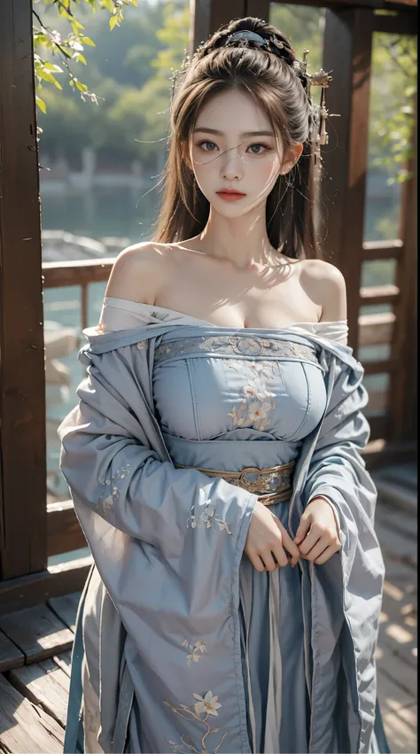 ((best quality at best, 8k, tmasterpiece:1.3)), focal:1.2,bust photo，upper limb 4，ancient wind，red off-shoulder hanfu，ultra-real...