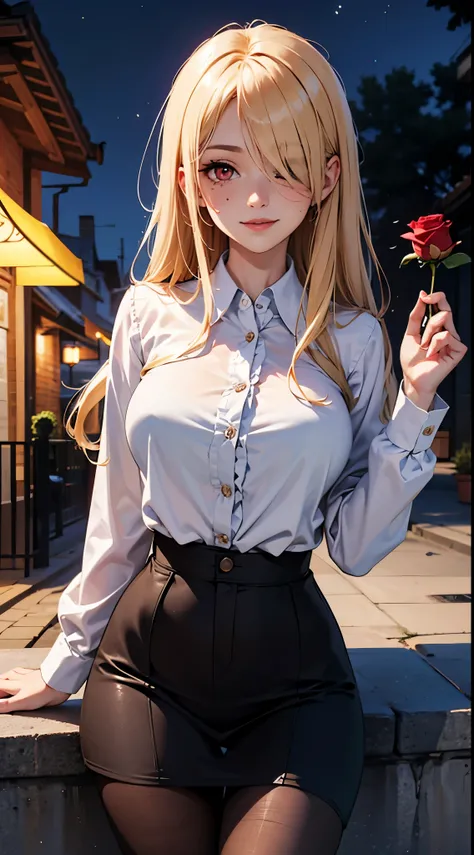 masterpiece, best quality,  absurdres, looking at viewer, solo, rita rossweisse (summer nights dream), rita rossweisse, huge sagging breast, shirt, pantyhose, red rose, red eyes, blonde hair, long sleeves, mole under eye, hair over one eye,  frilled shirt,...