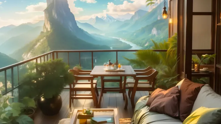 Balcony with table and chairs and table rough with mountain view々nice view, wonderful nature background, relaxing environment, All amidst stunning outdoor views, cozy place, Relaxing time. good view, beautiful place, magical environment, beautiful scenery,...