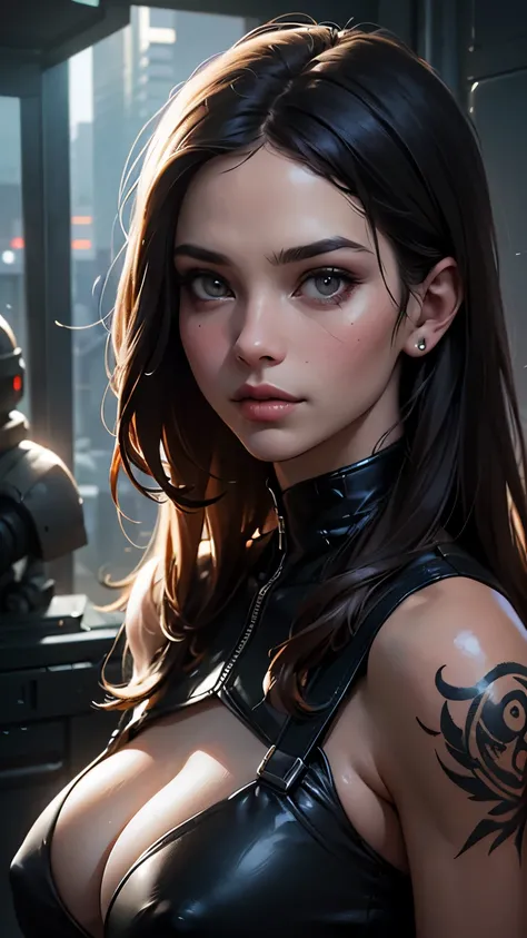 Detailed portrait cyberpunk (sks woman) (40 year old sks woman), futuristic neon reflective wear, sci-fi, robot parts, ismail inceoglu dragan bibin hans thoma greg rutkowski alexandros pyromallis nekro rene margitte illustrated, perfect face, huge sagging ...