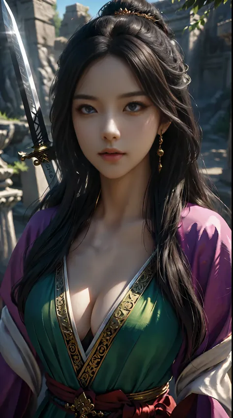 sword immortal,Oriental fantasy,alternate reality,(Fairytale,mythical:1.3),magic,ancient robes,sword,legendary weapon,swordmaster,wind swirling,long hair flowing,beautiful detailed eyes,beautiful detailed lips,extremely detailed eyes and face,floating in m...