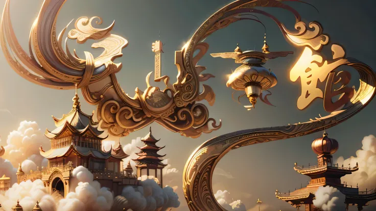 (golden chinese garden),flight,Dream,floating islands in the sky,Artifact light effect,masterpiece,Super exquisite,three dimensional,super rich,super detailed,32k,Magnificence everywhere