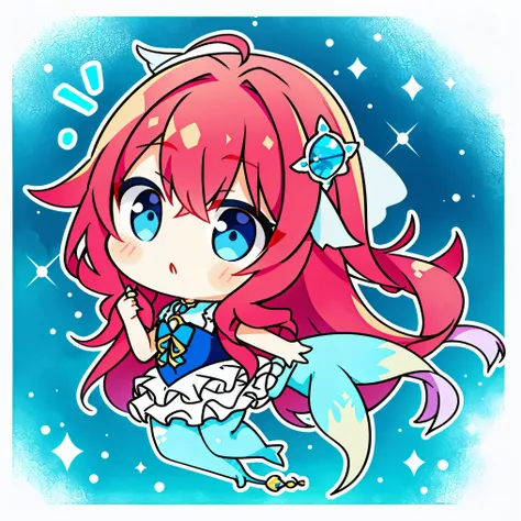 Chibi、(hightquality、ultra detailed to hand)、Under the sea、Mermaid tail、Blue eyes of the sea(eye detailed)、light red hair、longwavy hair、Shines、Water creatures、florals、full body Esbian。Pure and gorgeous。