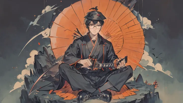 an asian man with a japanese kimono and topknot holding a parasol and a backpack, umbrella, sword, solo, 1boy, black hair, weapon, male focus, black footwear, glasses, hat, katana, gloves, black headwear, dark skin, oil-paper umbrella, orange eyes, sitting...