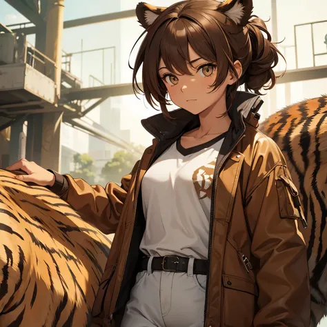 a tomboyish girl from prehistoric times who has brown hair like an ancient human wearing clothes made of tiger skin