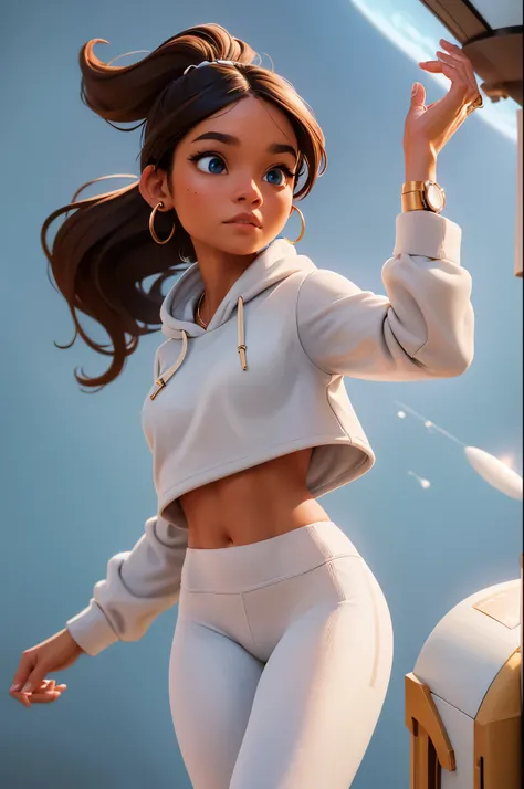 brown hair, blue eyes, ponytail, (white crop top hoodie), (white yoga pants), gold necklace, wrist watch, walking on a space station, in space (photorealistic: 1.4)