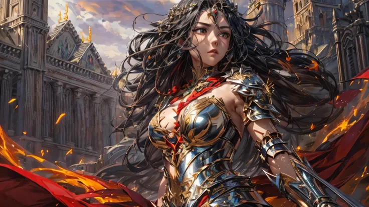 "(best quality: 1.2), masterpiece, Highly detailed 8K UHD, ((official art)), CG, 1 Highly Detailed Goddess of War, Standing majestically on the ruins of a fallen empire, (dynamic posture: 1.3), bikini style armor, Detailed armor reflects the heart of the c...