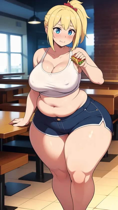 ((highres)), Masterpiece, high quality, best quality, beautiful, perfect lighting, detailed face, ultra cute face, ((1girl)), ((solo)), ((blush)), embarrassment, one girl has blonde hair, blue eyes, crop top and shorts, tight clothes, fast food restaurant,...