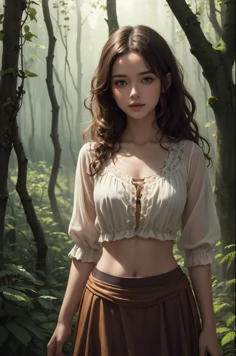 Halfling woman, bright eyes, curly hair, (fully body) wearing bright colorful blouse and skirt, bare midriff, gypsy in a forest clearing.  Happy.  watercolor illustration, dramatic lighting, (depth of field), ((masterpiece)), ((best quality)), ((highly det...