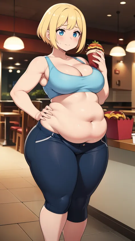 ((highres)), Masterpiece, high quality, best quality, beautiful, perfect lighting, detailed face, ultra cute face, ((1girl)), ((solo)), ((blush)), embarrassment, one girl has blonde hair, blue eyes, crop top and shorts, tight clothes, fast food restaurant,...