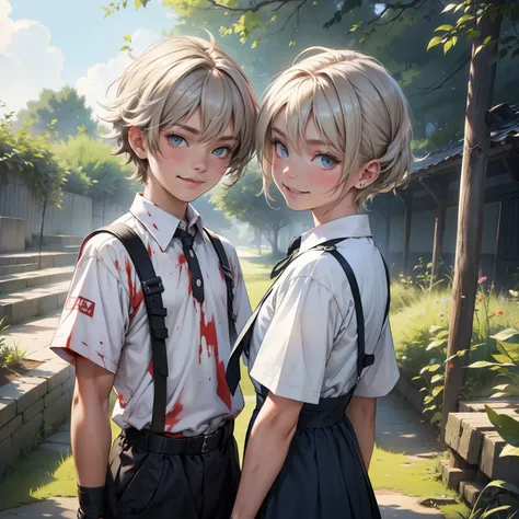 The two 9-year-old twins, a boy and a girl, are smiling and talking but their clothes are stained with a lot of blood.