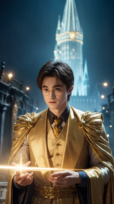 blue skin Harry Potter, muscular body, bare upper body, golden ornaments, flashy costume, Hogwarts in the background, golden king, golden emperor Harry Potter, painted in the center, crowd in the background, golden effect, golden magic, high quality,Harry ...