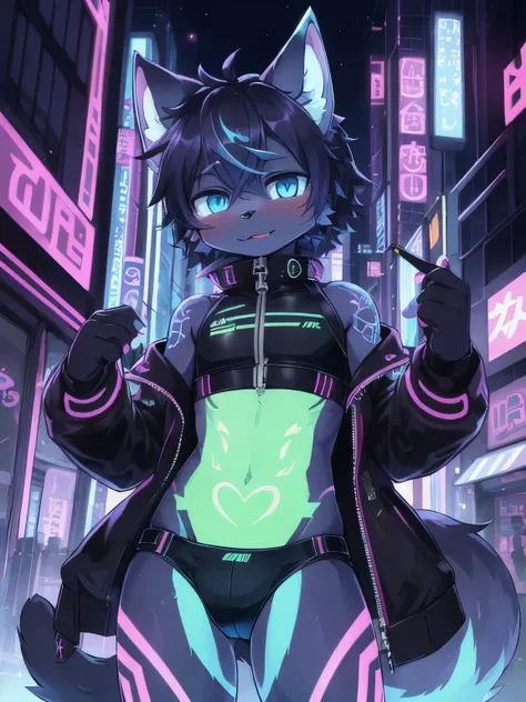 masterpiece, perfect anatomy, solo, 1boy, Furry, kemono, furry cat, anthropomorphic, male, dark fur, dark skin, blue eyes, femboy, cyberpunk clothes, revealing clothes, cyberpunk city, strip club, uploaded on e621, Cyberpunk technology. cybernetics, glowin...