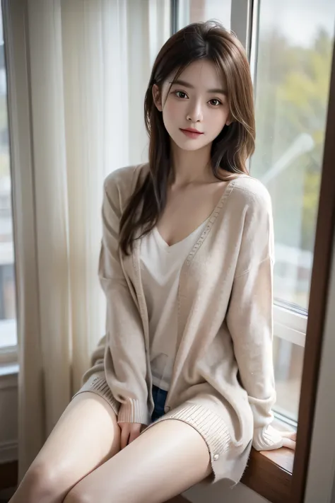 in photo，Naked woman sitting on windowsill looking out the window, （gray sweater, V-neck，cardigan），Image Source：Ji Chen, tumbler, aestheticism, stills, beautiful, pixiv . 35mm photo, , Bokeh, professional, 4k, Very detailed