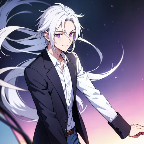 Male, white hair, purple slightly glowing eyes, majestic, wearing a white shirt, and blue jeans, cocky personality, smiling, teen, slim