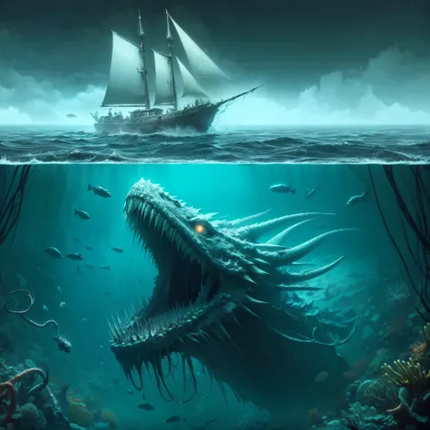 ,hp.lovecraft, image of a super deep lake,vague underwater, cloudy water,a colossal abyssal reptile dragon swimming under it, co...