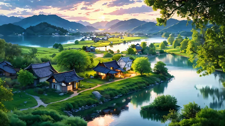 There is a small house on a small island in the middle of the lake., 조명이 beautiful scenery, peaceful scenery, Serene landscape, beautiful Serene landscape, Amazing scenery, in a Serene landscape, an Amazing scenery image, Dreamy scenery, Beautiful lake, be...