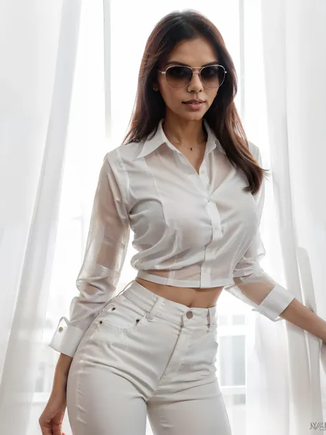 a close up of a woman wearing a white shirt and black pants, wearing a blouse, clothed in white shirt, wearing in shirt, fine white shirt, portrait of sherlyn chopra, wearing white shirt, wearing a white blouse, a beautiful woman in white, sunny leone, pho...