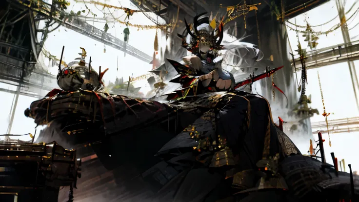 "three kingdoms" theme, lü bu, halberd, droid, futuristic style, nero, big breast,  female, eye mask, sit on throne