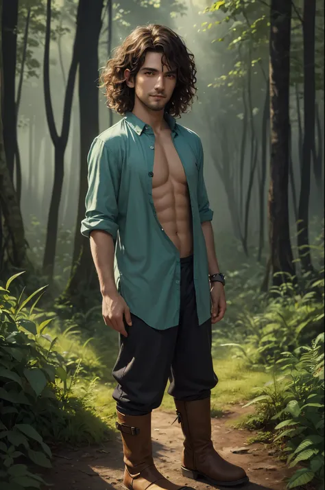 Halfling man, handsome, 30 years old, curly hair, pointed ears, square face, ((full body)), stocky, tanned, colorful gypsy clothing, shirt open to hairy chest, pants, short boots, in a green forest. looking at viewer, slight smile, watercolor illustration,...