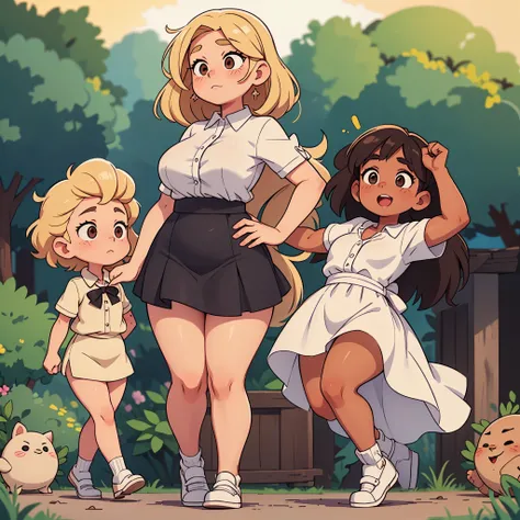 Drawing of a pudgy teen of late adolescence with rosy cheeks; brown eyes; muscular, toned, very thick, fat, Rubenesque chubby legs and feet; creamy blonde hairs. Her fat legs have varicose veins. She is in a white dress with a prominent bow on her waist; s...