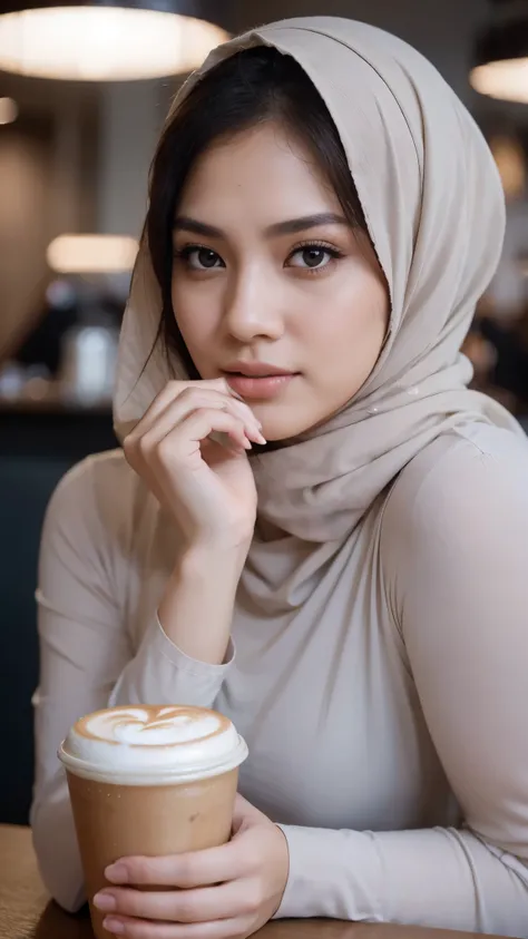 beautiful coffee moment, light make up, brown eye lens, professional portrait photography for advertising item, a malay women wear hijab and simple shirt, having a latte coffee in modern look coffee house, minimalist style, hyper realistic, nice color conc...