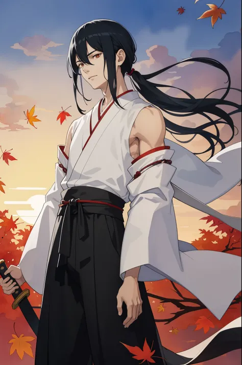 Watercolor style illustration, man in his 20s with long black hair, Japanese clothes, sharp eyes, thin lips, hair tied up, fluttering hair, Japanese sword, sunset, autumn leaves, fluttering sleeves