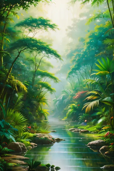 Landscape painting　Africa　dense forest　tropical rain forest