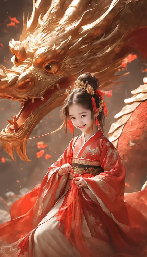 8k,Super details,masterpiece,Children Photography,high angle,whole body,Girl wearing Hanfu next to the dragon,8 year-old,Wearing earrings and delicate hairpins,Smile,Chinese culture theme style,Fluid photography,8k resolution,hazy atmosphere,exquisite clot...