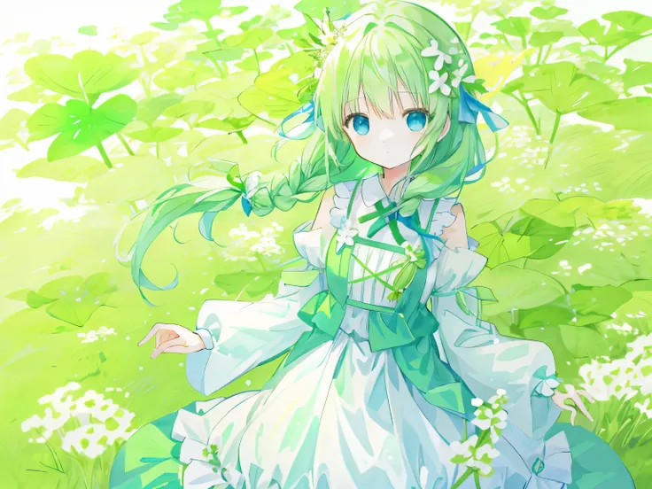 mint image、Mint color、white dress、yellow green and green ribbon、four leaf clover、beautiful dress、ribbon around the waist、four leaf cloverのようなリボン、hair ornaments、装飾の多いhair ornaments、Single braid、put hair on shoulders、blue eyes、jewel eyes、Depth of the bounds ...