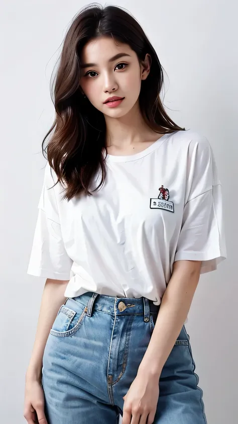 (highest quality, High resolution, masterpiece :1.3), tall and stylish woman, (whole body), (pure white background), Wearing white corduroy wide pants, Wearing an oversized T-shirt, Accurately express details such as faces and skin textures, pink loose wav...