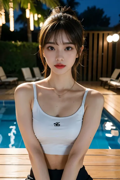 8K RAW photos，high resolution，Bust，abdominal muscles，rib cage，bright blonde，Beautiful tight sports bra in short style ，skirt，Evening School Poolside，Poolside benches at night，Cute Japanese 22 year old，round face，lips are very thin，very large round breasts，...