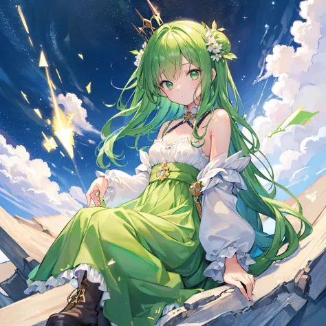 (highest quality:1.5), (masterpiece:1.5), (High resolution:2.0)、beautiful girl alone、cute、、small breasts、sit on top、(laughter)、(green eyes)、(eye details)、shining eyes、(green hair)、Metal hair clipper、(white dress)、black patterned clothes、green frill、long sl...