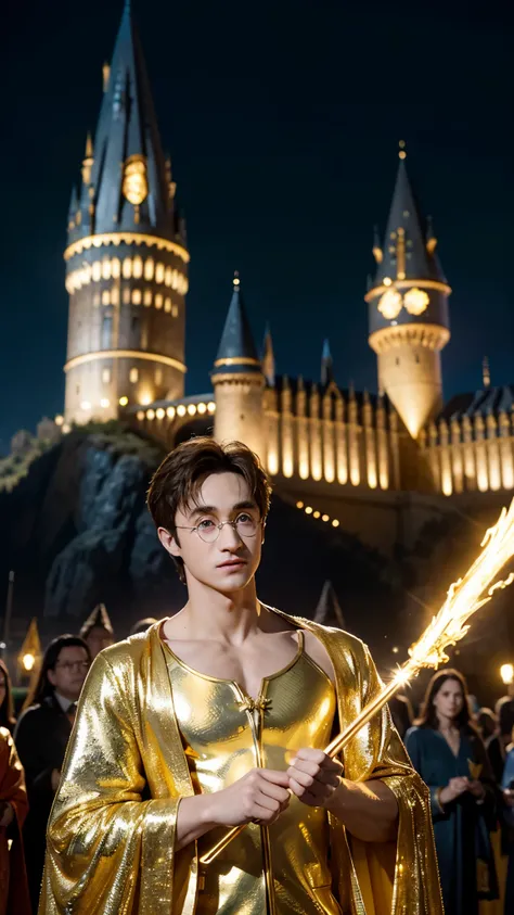 blue skin Harry Potter, muscular body, bare upper body, golden ornaments, flashy costume, Hogwarts in the background, golden king, golden emperor Harry Potter, painted in the center, crowd in the background, golden effect, golden magic, high quality,Harry ...