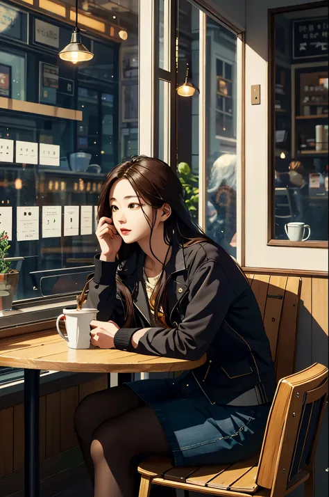 coffee shop, A man and a woman sitting on either side of the table, Looking out the window, Woman has long hair, life-like accuracy, K-drama, hyperrealistic pop, worm core, realistic, meticulous design , 32,000, best quality, masterpiece, super detail, hig...