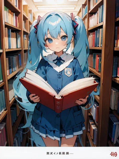 girl cute twintails long twintails light blue hair library book shelf bookstore