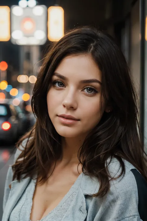 Face of a brunette woman with light eyes. In the background I want a bright city.