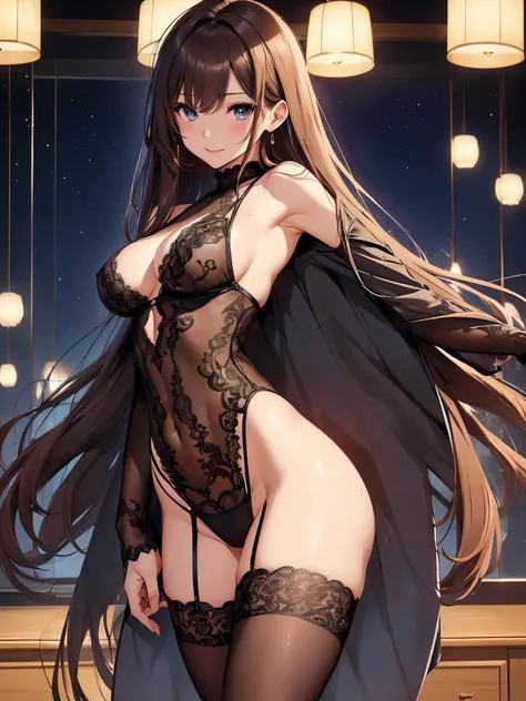 highest quality、Highest image quality、masterpiece、gravure shot、full body stockings、back view、seductive model pose、Super beautiful beauty((22 years old OL big bust、bust 100,beautiful long ironed hair、brown hair、slender、beautiful armpits、Close-up、Esbian、,bea...