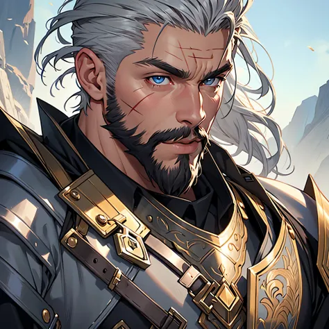 masterpiece, best quality, by professional artist, only one person, upper body portrait, male, solo, detailed composition, detailed eyes, old man, short slick back grey hair, 1 scar on his nose, wearing white fantasy armor, beard, buff, muscular, masculine