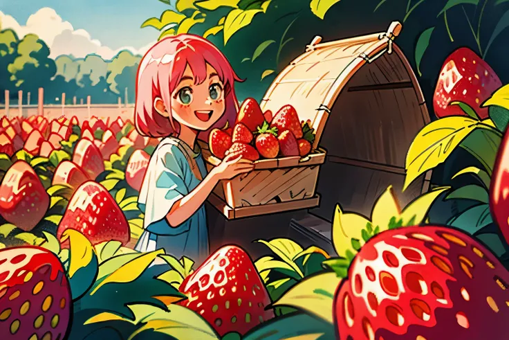 strawberry picking、girl、fun、lots of strawberries