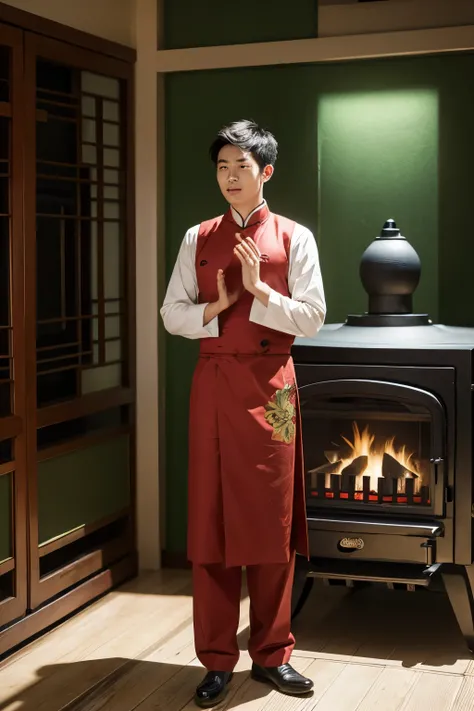 A young man stands in front of a Chinese-style stove with his hands open and breathing air. His body is surrounded by green tea leaves.