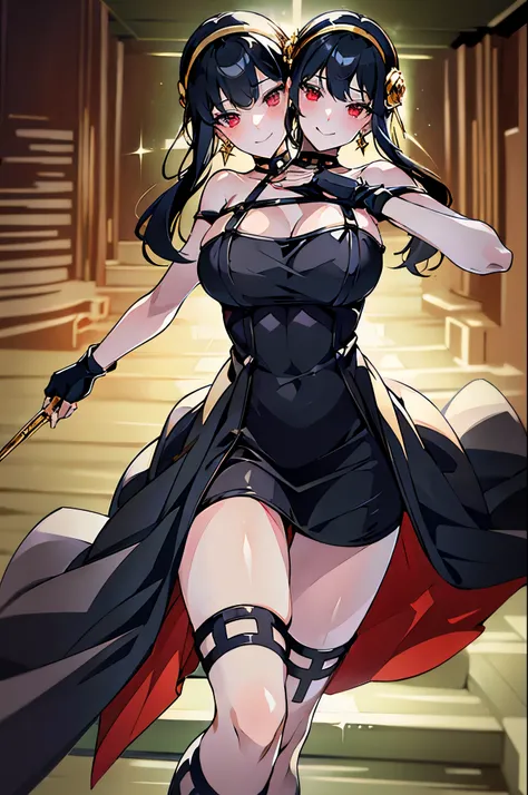 (masterpiece, best quality), best resolution, (2heads:1.5), 1girl, yor briar cosplay, bare shoulders, black dress, black gloves, black hair, blood, blood on face, blood on weapon, breasts, dress, earrings, fingerless gloves, floating hair, gloves, gold ear...