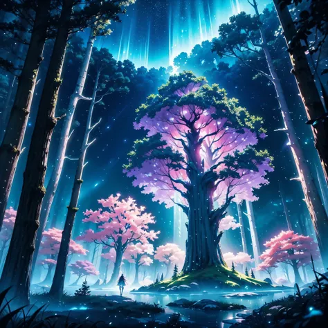 "Create an AI-generated anime landscape set in a magical forest bathed in the soft glow of bioluminescent flora. Envision towering ancient trees, whimsical creatures, and a celestial sky filled with vibrant constellations. Capture the essence of wonder and...