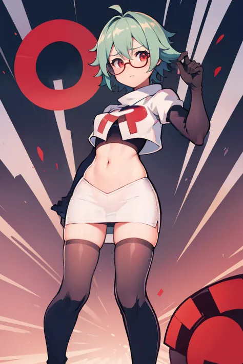 sucrose (genshin impact), glasses,team rocket,team rocket uniform, red letter R, white skirt,white crop top,black thigh-highs,black elbow gloves